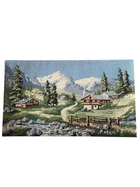 Vintage Hand Crafted Needlepoint Alpine Mountain Landscape Art Blue Green